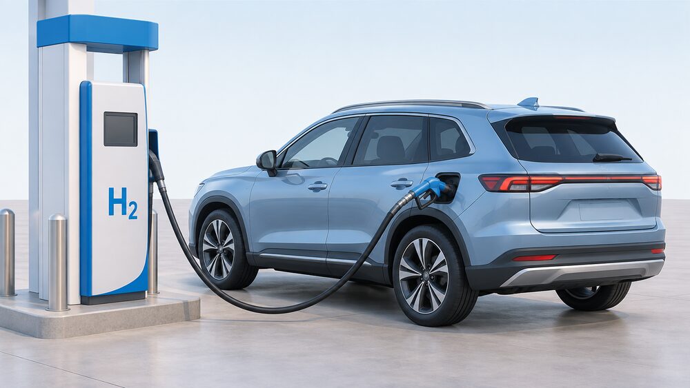 A hydrogen fuel cell SUV parked at a filling station forecourt beside a hydrogen dispenser pump with its hose and nozzle, refuelling rather than plugged in, with no charging cable anywhere on the car.