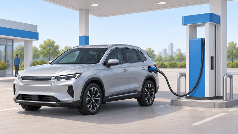 A silver hydrogen fuel cell SUV parked at a hydrogen filling station forecourt, with a refuelling nozzle connected to its filler port and a hose running from the dispenser pump beside it.