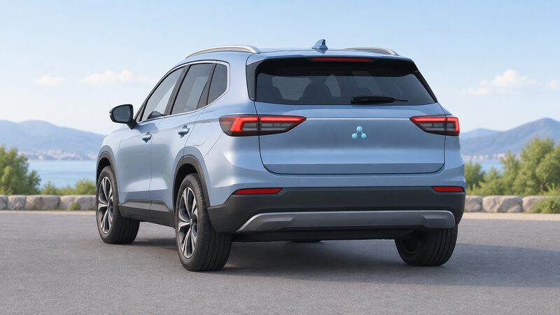 Rear three-quarter view of a hydrogen fuel cell SUV parked on a plain road, showing a fuel cell badge on the tailgate and a smooth rear bumper with no exhaust pipe beneath it.