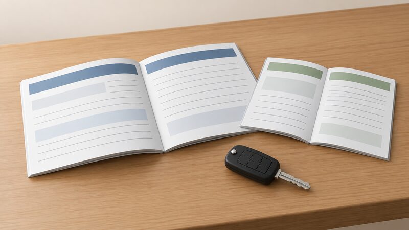 A Hyundai service book and warranty document lying open on a wooden table beside a car key, with blank lines and plain colour bands instead of readable text, drawn as a simple still-life scene with no people or vehicles.