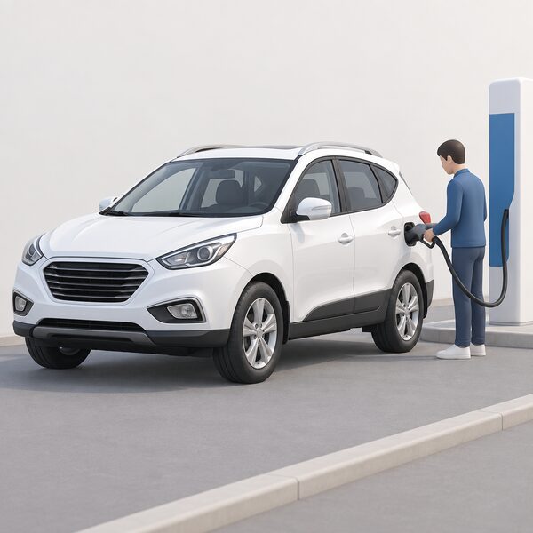 A compact hydrogen fuel cell SUV styled as a finished series production model, shown parked on a plain street with its hydrogen refuelling nozzle connected at a filler point on its flank, conveying a manufactured car built at volume rather than a one-off prototype demonstrator.