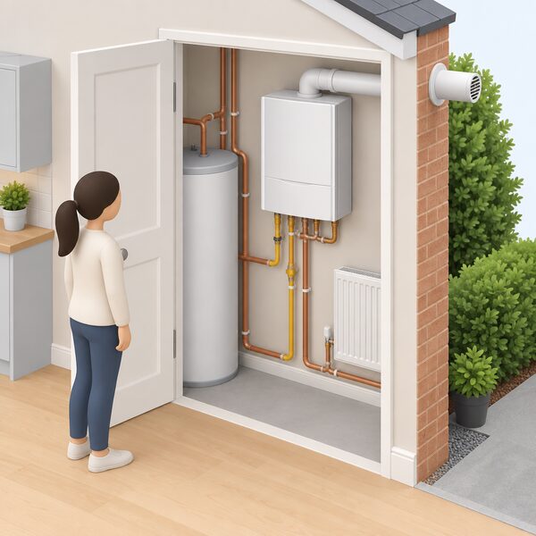 A wall-mounted hydrogen-ready boiler in a home airing cupboard or kitchen, connected to gas supply pipework, hot water cylinder and radiator flow-and-return pipes, with its flue passing through the external wall, shown as a tidy domestic installation.