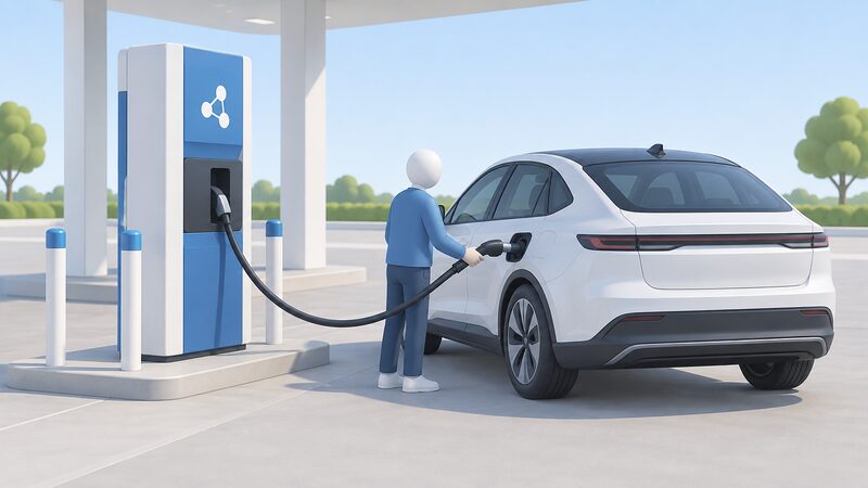 A simplified figure at a hydrogen refuelling station holds the dispenser nozzle, connected by its hose to the filler point on the side of a fuel cell car, mid-connection during a quick stop.