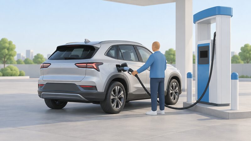 A silver hydrogen fuel cell SUV parked at a public filling station beside a hydrogen dispenser, with a simplified figure holding the nozzle connected to the car's refuelling point, showing a gas transfer rather than a home charge.
