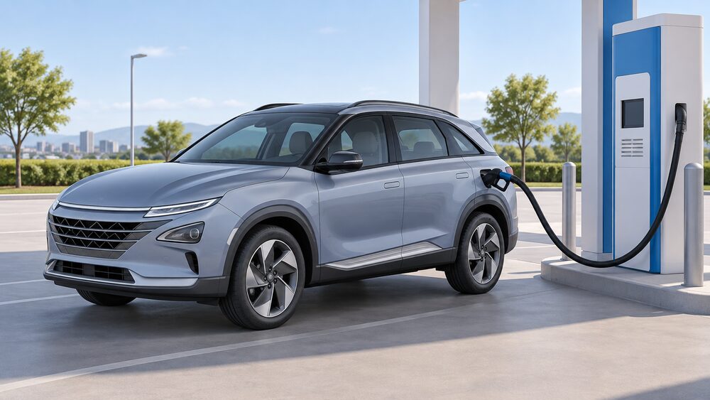 A Hyundai NEXO hydrogen fuel cell SUV parked at a public hydrogen refuelling dispenser, with the dispenser's nozzle and hose connected to the car's refuelling port, standing on a forecourt in daylight with no home charging equipment anywhere in the scene.