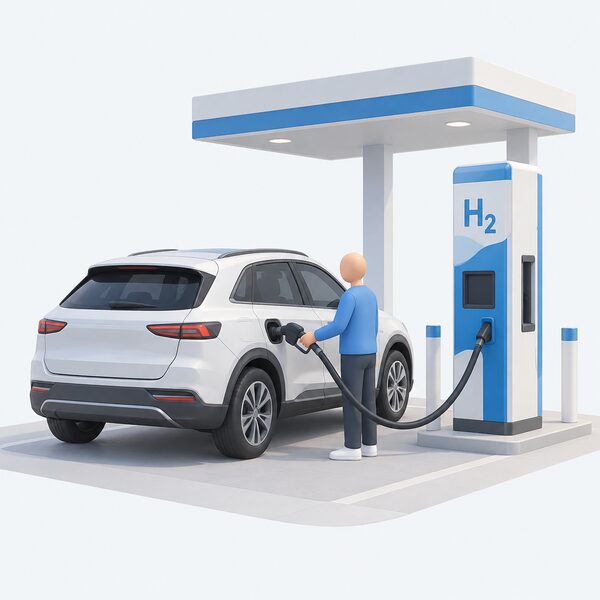 A hydrogen fuel cell SUV parked at a public hydrogen dispenser while a simplified figure stands holding the refuelling nozzle connected to the car's filler port, showing a quick gas refill like a petrol stop.
