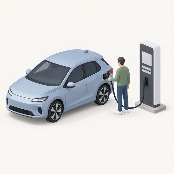 A sleek battery electric hatchback parked at a public charge point, its plain-clothed driver standing beside it holding the cable that runs from the charge point to the car's charging port, with the charge point's screen shown as a blank panel.