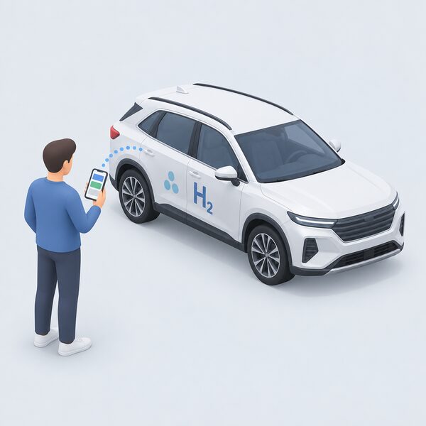 A driver standing beside a parked hydrogen fuel cell SUV holds a smartphone whose screen shows a plain status display, with a faint signal link between the phone and the car to show a remote status check through the manufacturer's app.