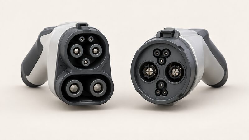 A close-up side-by-side view of a CCS rapid charging connector and a CHAdeMO connector, both shown large enough to reveal their clearly different pin layouts, resting on a plain neutral surface with nothing else in the scene.