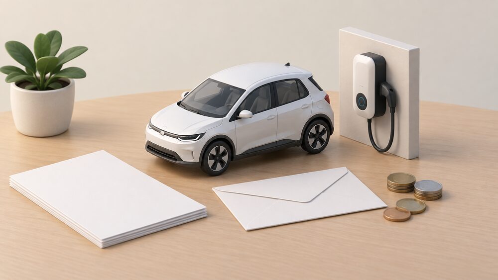 A small model electric car parked beside a miniature wall-mounted chargepoint on a block, with blank paperwork, a plain envelope and a few coins arranged on the table to suggest a household waiting on a scheme that is not yet available.