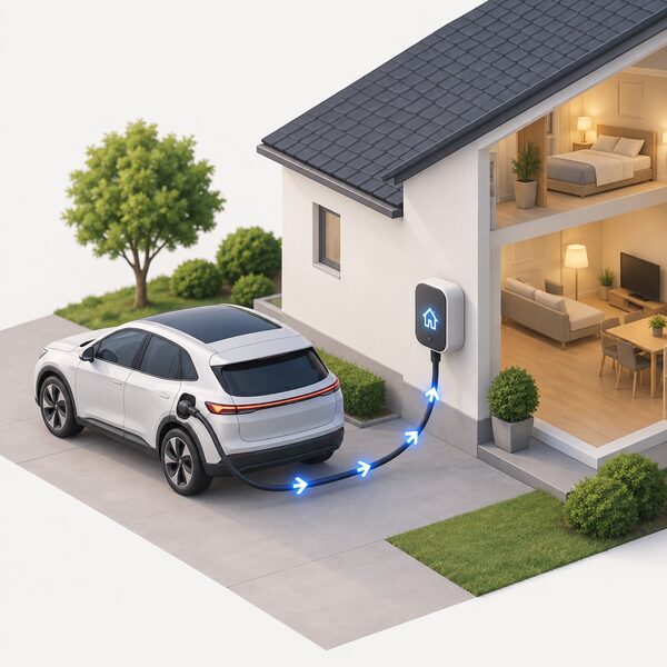 A driveway scene showing an electric car plugged into a bidirectional wall charger on the house wall, with a cable linking charger and home so energy flows from the car battery into the house, drawn with a simple directional flow indicator along the cable.