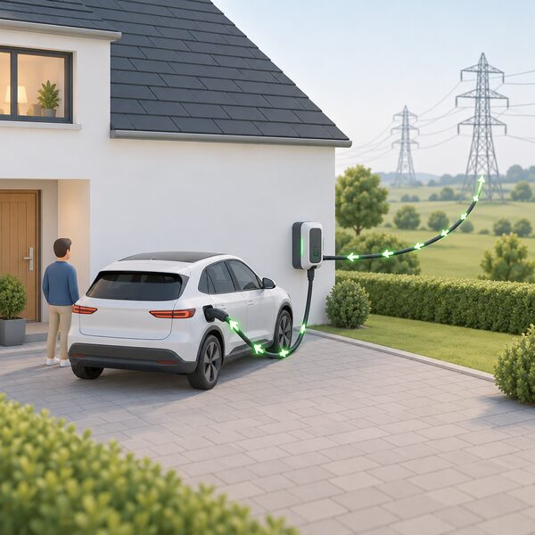 An electric car parked on a driveway beside a house, connected by a cable to a bidirectional chargepoint on the wall, with a second cable running from the chargepoint toward the electricity grid shown as pylons and power lines in the distance.
