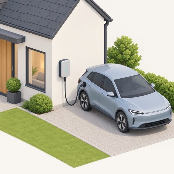 A bidirectional chargepoint unit mounted on the outside wall of a house, with a charging cable running from the unit to a parked electric car beside it on the drive.
