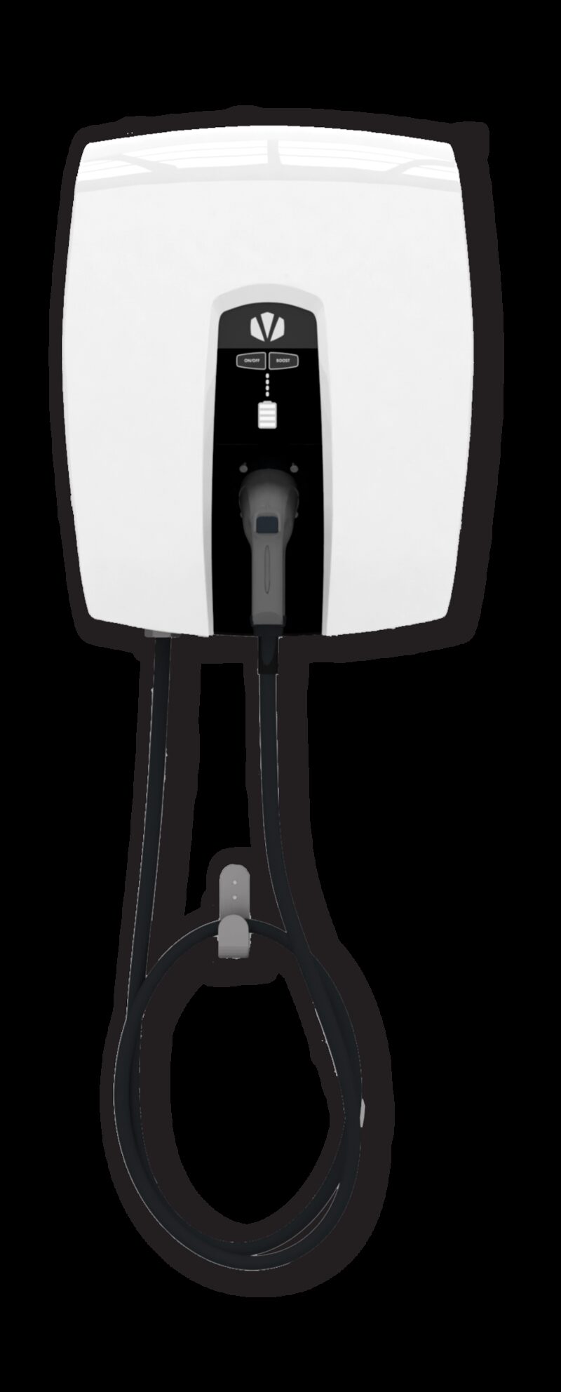 A white Indra wall-mounted EV charger with a black front panel and coiled charging cable