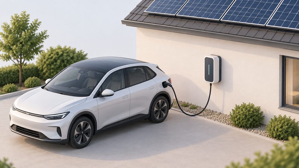 A wall-mounted bidirectional EV charger on an outside house wall, its cable running to a parked electric car beside it, with a small solar panel array visible on the roof edge above.