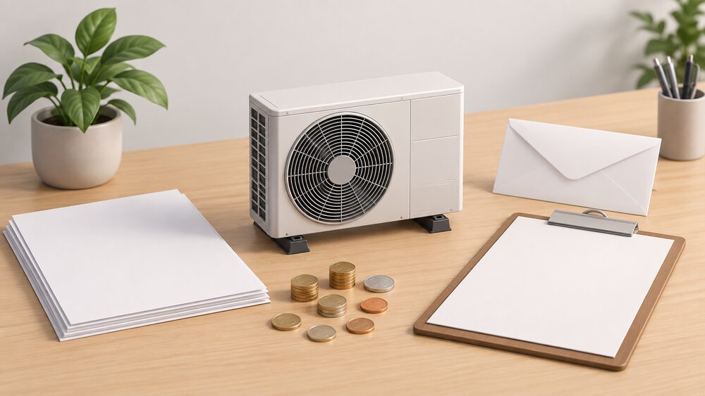 A small model air source heat pump standing on a desk beside blank application paperwork, a clipboard with a blank sheet, a plain envelope and a scatter of coins, suggesting public grant money supporting a home energy product before it reaches a household.