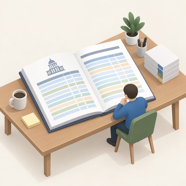 A printed government spending record lying open on a desk, its pages showing plain colour-banded rows of grant entries, with a small isometric figure seated beside it checking the paperwork.