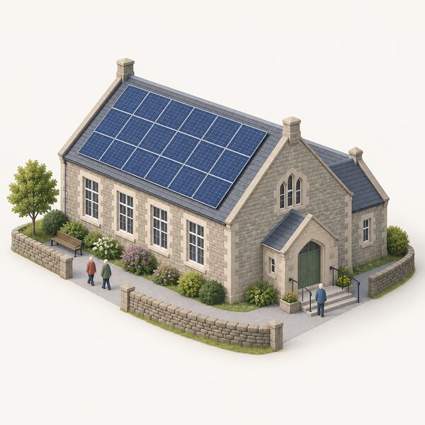 A stone community building in a Scottish village setting with solar panels fitted across its pitched roof, drawn as a simple isometric view showing the panels angled on the roof slope above the hall's windows and door.