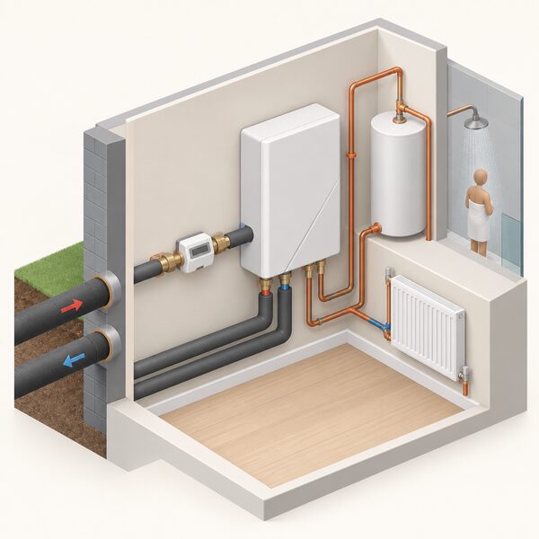 Inside a home, a wall-mounted heat interface unit with a heat meter on the flow pipework, connected by insulated pipes to the heat network supply and returning to the household's heating and hot water circuits.