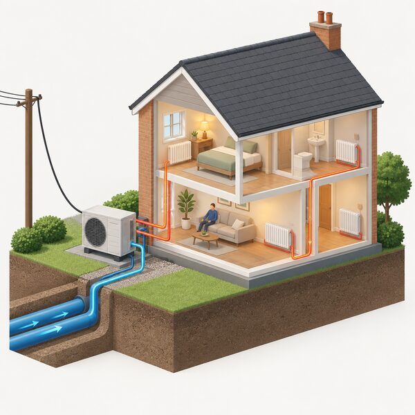 A cutaway view of a house with a heat pump unit outside connected by insulated pipes to a mine water heat network, with a supply cable running from the grid to power the heat pump as warmth moves into the home's radiators.