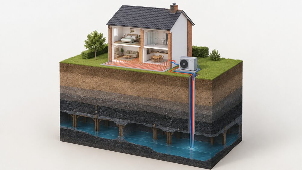 A cutaway scene showing a house standing above flooded former coal workings deep underground, with a borehole drilled down to the warm mine water, pipes rising to a heat pump beside the house, and warm water underfloor heating shown inside the ground floor.