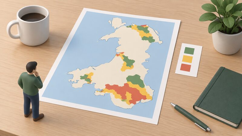 A printed map sheet of Wales laid on a table, showing the country's simplified outline with former coalfield areas shaded in three plain colours to rate mine water heat opportunities as good, possible or challenging, with a small unlabelled colour key beside it.