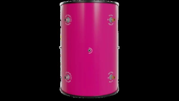 A pink cylindrical hot water cylinder with labelled flow, return and cold inlet/outlet connections