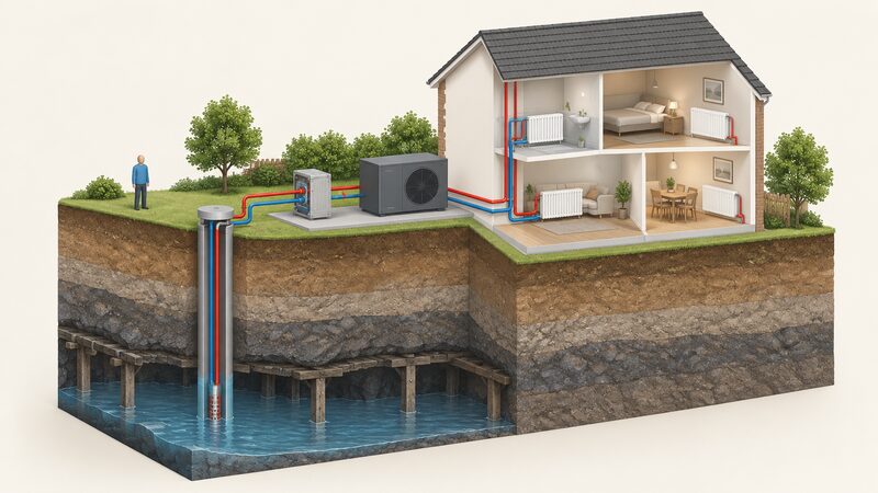 A cutaway scene showing a borehole descending to flooded mine workings, a heat exchanger and heat pump unit beside a house, with pipework running from the heat pump to radiators inside the home's rooms.