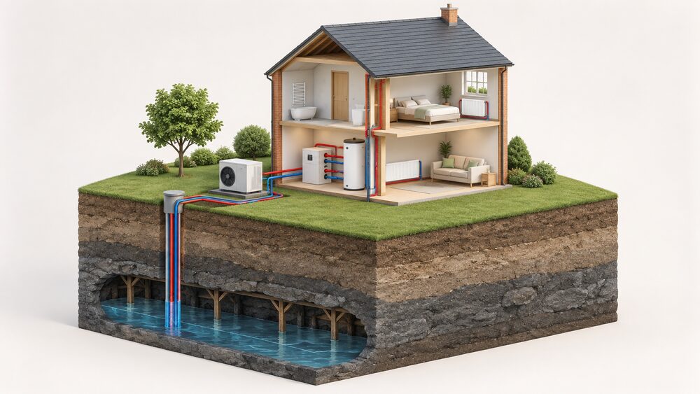 A cutaway house with a heat pump unit connected by insulated buried pipework to a borehole reaching flooded mine workings below ground, and inside the house the heat pump's flow pipe feeding radiators and an insulated hot water cylinder.