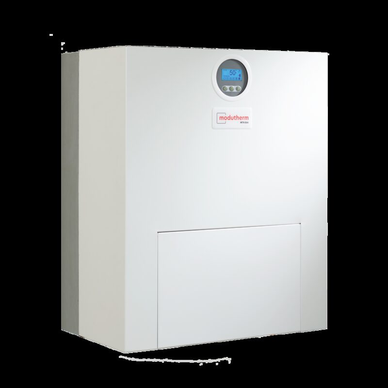 A white wall-mounted Modutherm thermal store hot water cylinder with a round digital display, shown on a plain white background