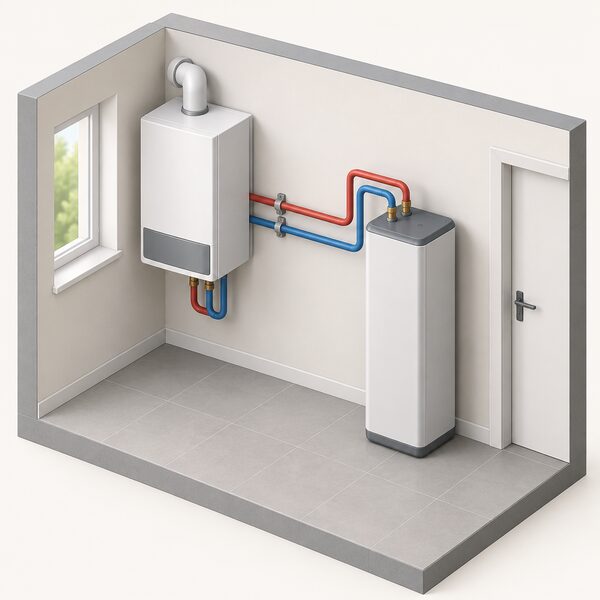 A compact indoor heat battery vessel standing beside a wall, with insulated pipework running from it to a boiler or heat pump unit, showing the connection between the heating system and the storage unit in a simple cutaway room setting.