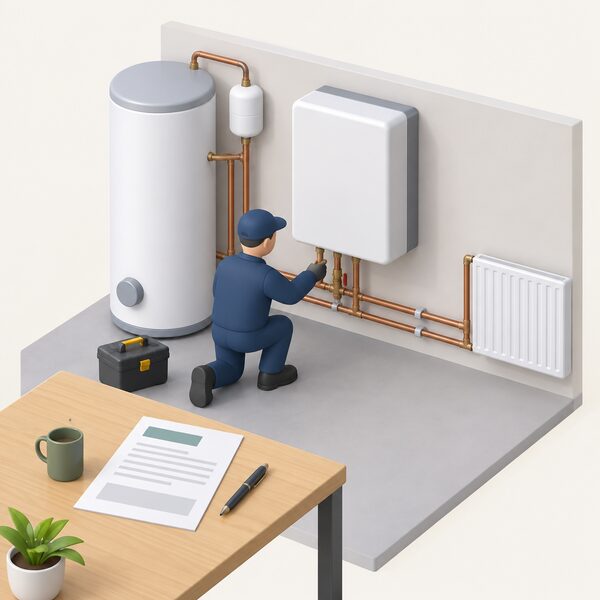 A printed quotation document lying on a table beside a wall-mounted heat battery unit connected by pipework to existing heating pipes, with a simplified installer figure gesturing toward the connection point and a cylinder nearby.