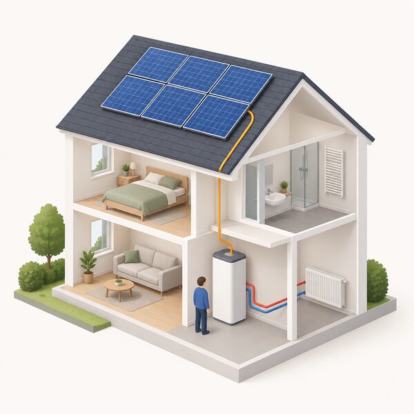 A cutaway house view showing solar panels on the roof with a cable running down inside to a heat battery unit standing indoors, connected to the heating system, with a small figure beside it.