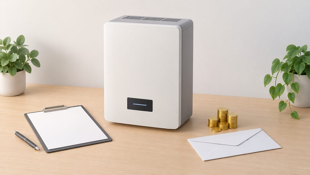 A compact wall-mounted-style heat battery unit standing as the central object on a table, beside blank paperwork on a clipboard, a plain envelope and a small stack of coins, suggesting a purchase decision awaiting certification and grant funding.
