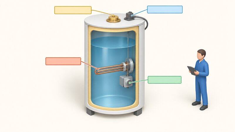 A cutaway diagram of a hot water cylinder with the immersion boss on the top surface, the immersion heater element and its thermostat inside, and the electrical connection point beside the boss, with blank label lines pointing to each part.