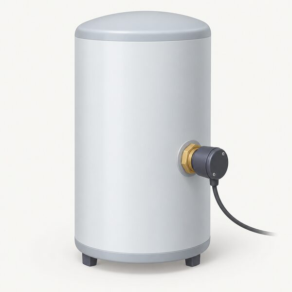 A close-up view of a hot water cylinder with a screw-in immersion heater element fitted through a boss on the side of the tank, its cable and connection head visible, with no other equipment shown.