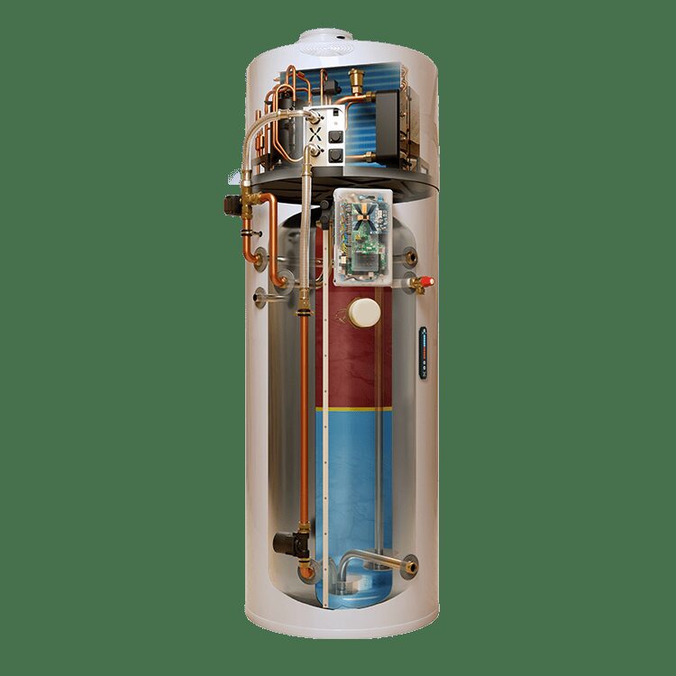 A cutaway product render of a Mixergy iHP X smart hot water cylinder showing its internal components, pipework and tank.