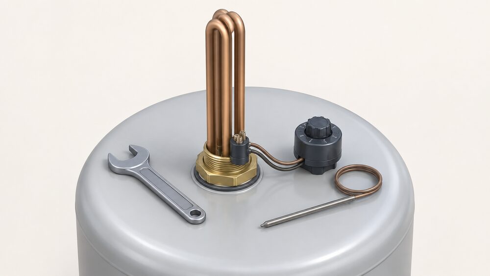 A close-up of a 3 kW immersion heater element with its 1.3/4 inch BSP boss and thermostat connection, shown screwed into the top of a hot water cylinder, with a spanner and thermostat probe beside it on the cylinder's domed top.