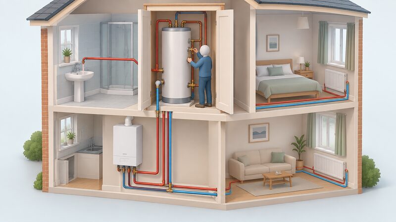 A cutaway home scene showing a tall insulated hot water cylinder in an airing cupboard connected by pipework to a wall-mounted system boiler, with the boiler's heating circuit running separately to radiators in two rooms and a hot water pipe leading to a tap, a simplified figure adjusting a valve on the cylinder.