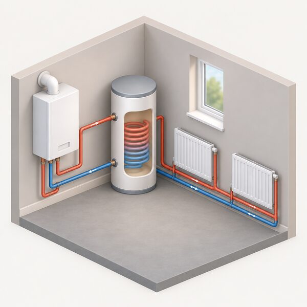 A small isometric utility room scene showing a wall-mounted gas condensing system boiler with its flow and return pipework running to a tall hot water cylinder with an internal heating coil, and onward to wet radiators on the same heating circuit.