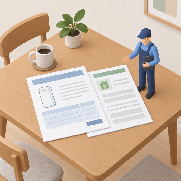 A printed installation quote and grant paperwork lying on a household table beside a small isometric figure of an installer, with blank lines and plain colour blocks standing in for all figures and wording.