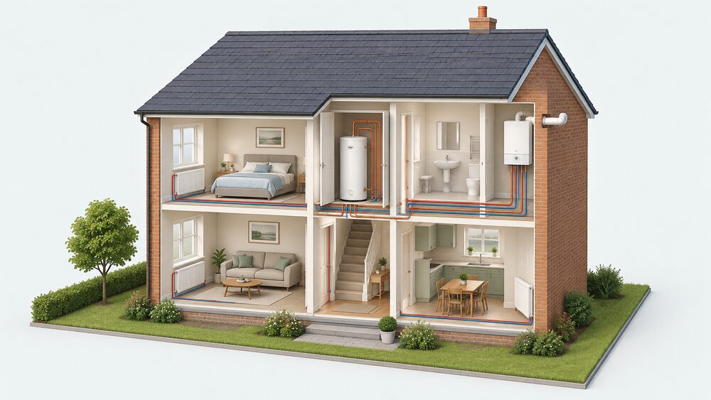 A cutaway house showing a tall smart hot water cylinder standing in an airing cupboard, connected by pipework to a gas boiler on an external wall with its flue passing outside, while the existing wet radiators on the walls remain untouched and in use.