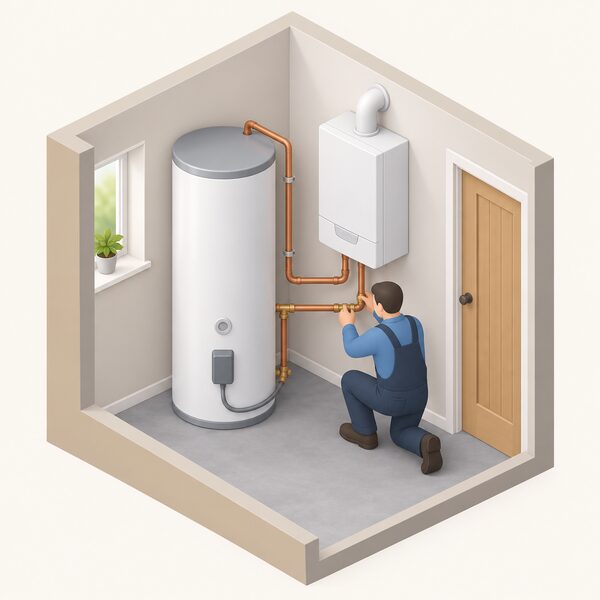 An isometric cutaway of a home utility space showing a tall smart hot water cylinder installed beside and connected to an existing wall-mounted gas boiler, with a simplified figure of an installer linking the flow and return pipework between the two, showing the transitional setup where the cylinder works behind the current boiler.