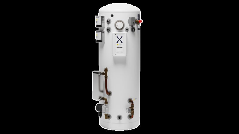A white Mixergy smart hot water cylinder with control panel and pipework, shown on a plain background