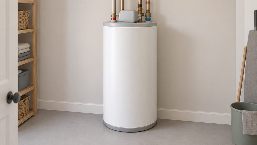 A tall white domestic hot water cylinder standing in a utility space, shown close up with its insulated body, top-mounted pipework connections and a control unit on top, with no other equipment in view.