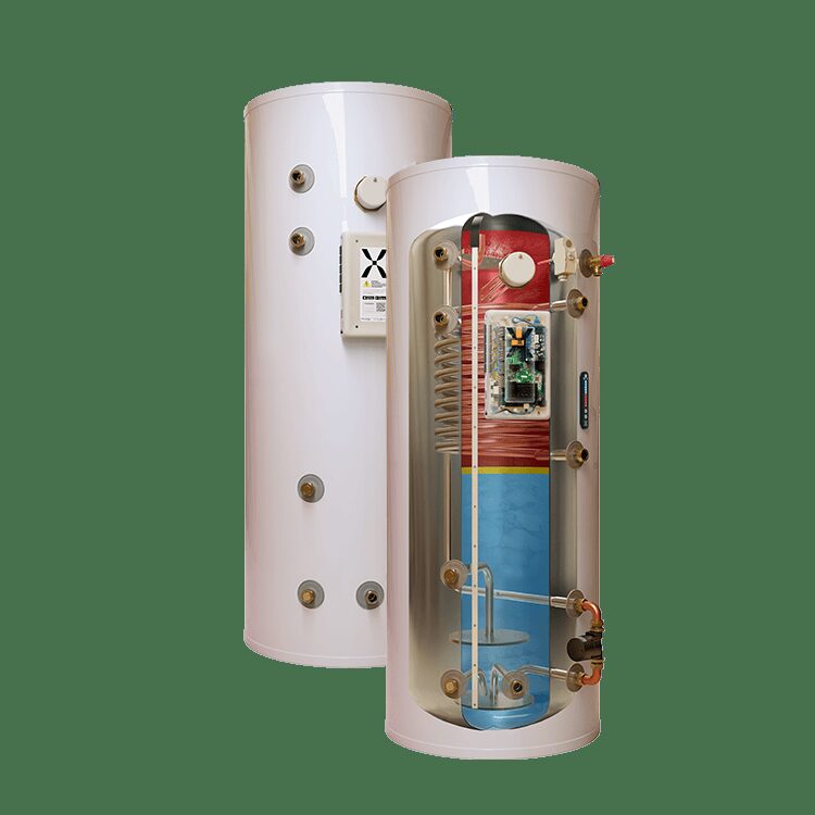 A Mixergy X hot water cylinder shown whole and in cutaway view revealing its internal coil and electronics.