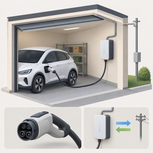 A wall-mounted bidirectional V2G charger unit in a home garage, connected by a cable with a CHAdeMO-style plug to the charge port of a parked electric car, with a conduit running from the charger to the electricity supply outside.