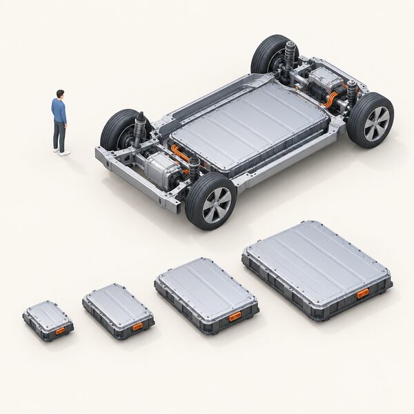 A cutaway isometric view of a flat electric car battery pack mounted in a car floor, shown as four simplified packs side by side growing in size from smallest to largest to represent the generations.