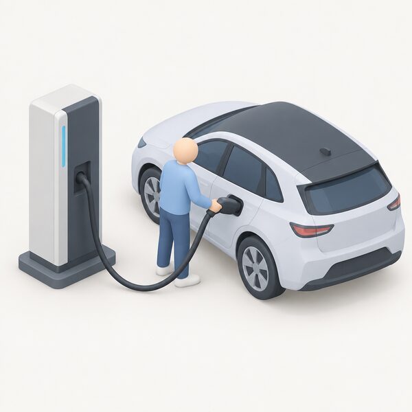 A rapid charging unit with a tethered CHAdeMO cable plugged into the charge port of an electric car, with a simplified figure holding the connector in place at the car's side.