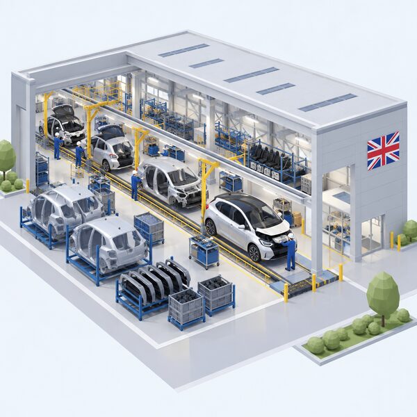 A wide view of a large modern car factory with assembly lines of hatchback electric cars being built, a simplified isometric worker fitting a component to a car body, showing UK assembly of the LEAF.